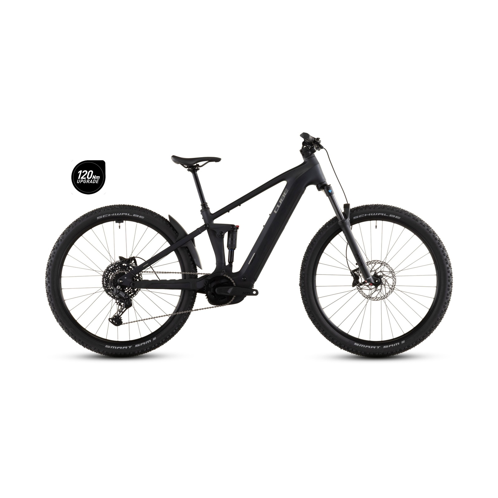 Cube Stereo Hybrid One22 Pro 800 full-suspension electric mountain bike in night and chrome, side profile on a white studio background