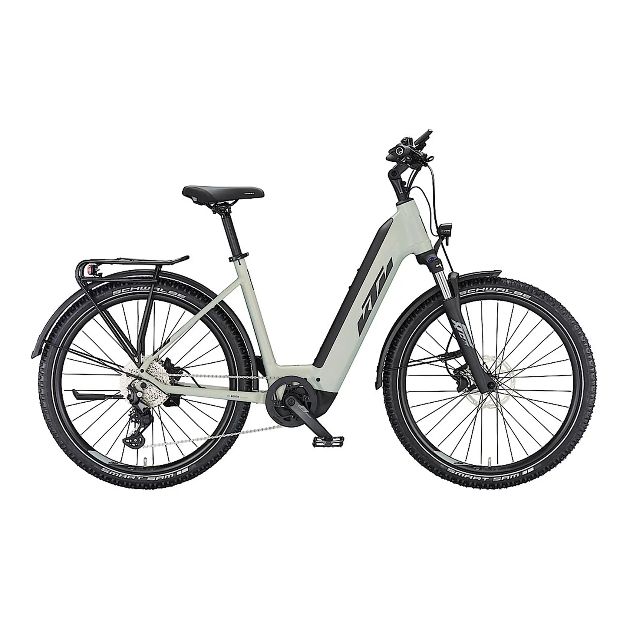 KTM Macina Aera 571 LFC step-through electric bike in dew silver, side profile on a white studio background